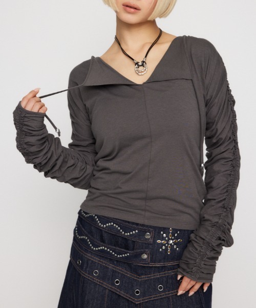 【美品】ラグアジェム　SLEEVE GATHER CUT トップス　カーキ LAGUA GEM | SLEEVE GATHER CUT トップス (Tシャツ・カットソー