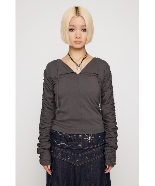 LAGUA GEM（ラグアジェム）の「SLEEVE GATHER CUT トップス（Tシャツ/カットソー・レディース・カーキ/ブラック/グレー・FREE）」の4枚目の写真