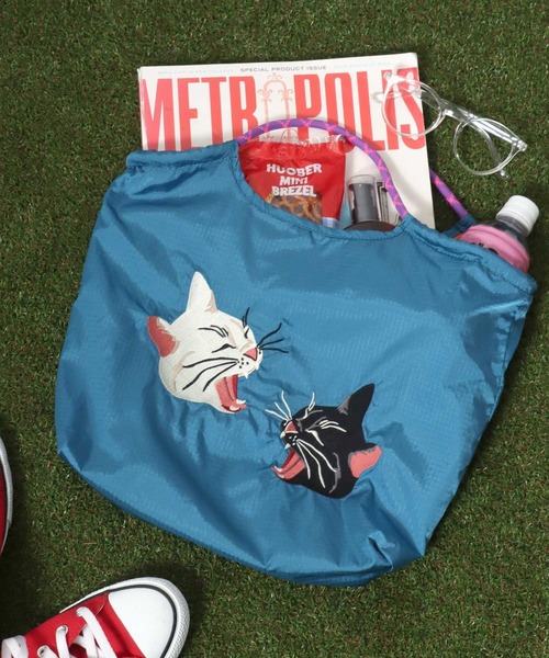 HOUSTON(ヒューストン)の「HOUSTON(ヒューストン)NYLON MARKET BAG/猫刺繍ナイロンマーケットバッグ レディース メンズ ユニセックス(トートバッグ・レディース・オリーブ/ブルー系その他/ピンク/ライトピンク/ダークグリーン/イエロー・FREE)」の4枚目の写真