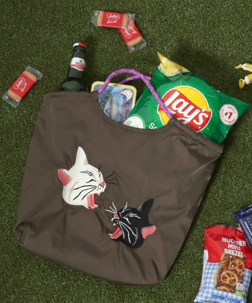 HOUSTON(ヒューストン)の「HOUSTON(ヒューストン)NYLON MARKET BAG/猫刺繍ナイロンマーケットバッグ レディース メンズ ユニセックス(トートバッグ・レディース・オリーブ/ブルー系その他/ピンク/ライトピンク/ダークグリーン/イエロー・FREE)」の3枚目の写真