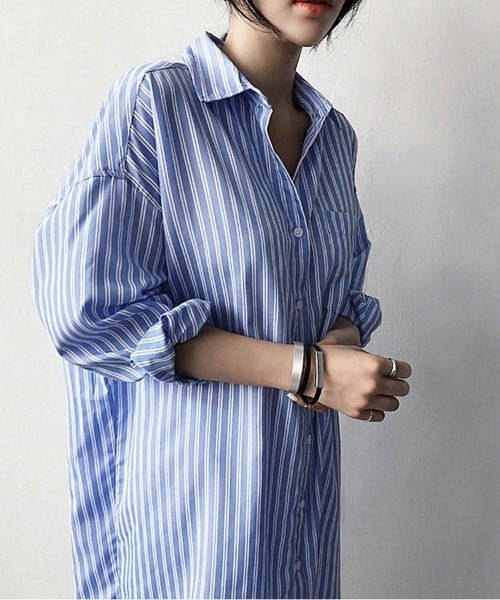 SallyLunn(サリーラン)の「ストライプシャツワンピース(シャツ/ブラウス・レディース・ホワイト/ブルー・LARGE/MEDIUM)」の3枚目の写真