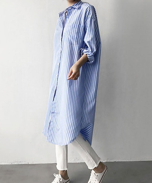 SallyLunn(サリーラン)の「ストライプシャツワンピース(シャツ/ブラウス・レディース・ホワイト/ブルー・LARGE/MEDIUM)」の5枚目の写真