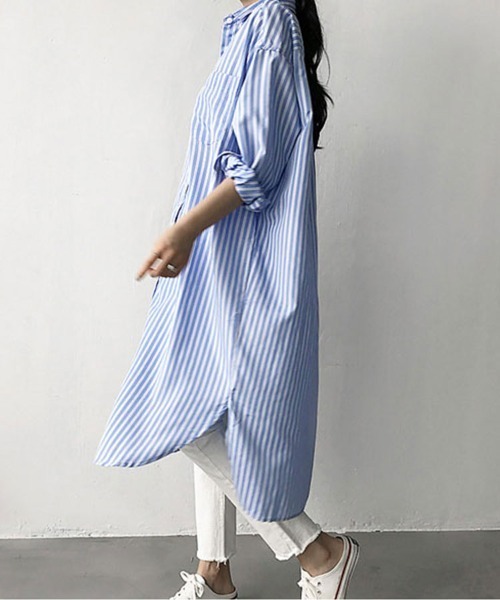 SallyLunn(サリーラン)の「ストライプシャツワンピース(シャツ/ブラウス・レディース・ホワイト/ブルー・LARGE/MEDIUM)」の6枚目の写真
