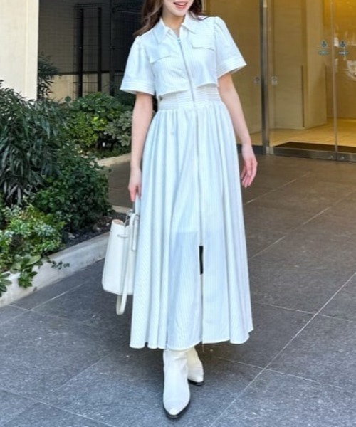 rienda バストフレアワンピース 半袖 夏服 セール】バストギャザーデザインジャガードフレアワンピース