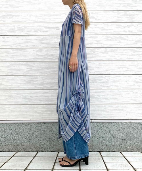 Q(キュー)の「ニュアンスプリントスキッパーワンピース(ワンピース・レディース・ブラウン系その他/ブルー系その他・MEDIUM)」の4枚目の写真