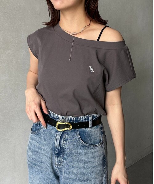 Thevon（ゼボン）の「刺繍ロゴボートネックフレンチT（Tシャツ/カットソー・レディース・チャコールグレー/オフホワイト/ブラウン・FREE）」の3枚目の写真