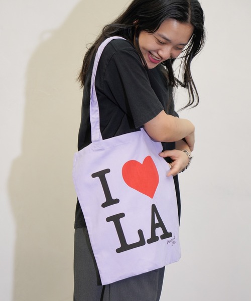 THRIFTY LOOK(スリフティールック)の「THRIFTY LOOK / スリフティールック "I LOVE LA" COTTON TOTE BAG グラフィック トートバッグ(トートバッグ・メンズ・ピンク/ミント/ライトパープル・ONE SIZE)」の2枚目の写真