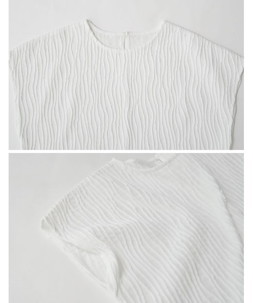 Re:EDIT（リエディ）の「[セットアップ対応]フレンチスリーブウェーブカットジャガードトップス（Tシャツ/カットソー・レディース・ホワイト/ブラック・MEDIUM/LARGE）」の7枚目の写真