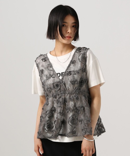 ブローディア BRODIAEA 衿ライン入りベスト （シルバーグレー） AZUL BY MOUSSY ベスト ジレ 「堀田茜さん着用アイテム」前後