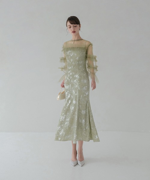 レジャ Leja チュールフリルペイントマーメイドドレスワンピース2点セット美脚効果結婚式 パーティードレス 成人式 二次会 同窓会 お呼ばれ オケー セール】【LEJA】チュールフリルペイントマーメイドドレス