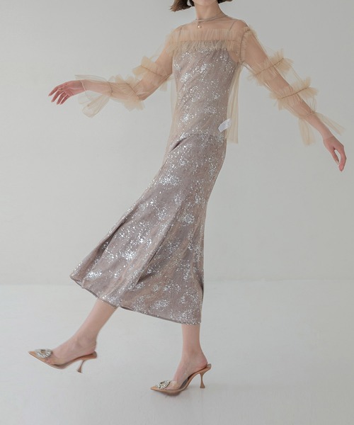 Lejaチュールフリルペイントマーメイドドレスワンピース2点 バック付き