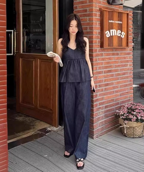 セットアップ パンツ デニム ノースリーブ ベルボトム ワイド デニム ノースリーブトップス ワイドパンツ セットアップ ブルー
