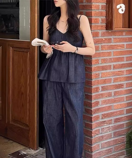 Ritzy（リッツィー）の「デニム風ノースリーブタンクトップ+パラッツォパンツ セットアップ（その他パンツ・レディース・ネイビー・XL/L/M）」の7枚目の写真