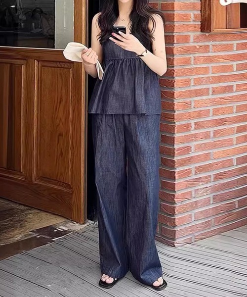 デニム パンツ ノースリーブ セットアップ リゾート デニム セットアップ ノースリーブ トップス ショートパンツ