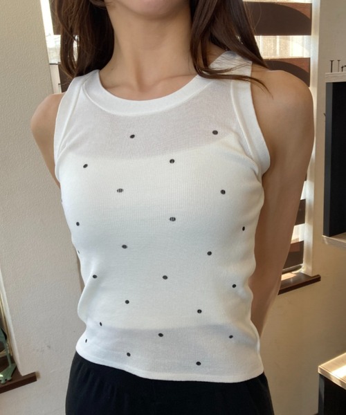 タンクトップ ノースリーブ 「2025AW」LACE DOCKING RIB TANK レース ドッキング リブ タンク 夏服 秋服 ノースリーブトッ セール】ふわふわ ノースリーブ ショート丈 フェザーニット
