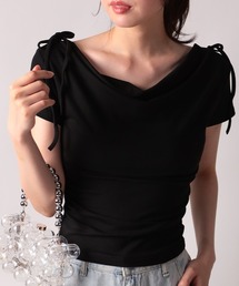 肩リボンドレープ半袖Tシャツ