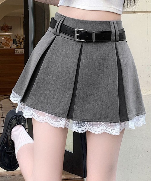 セール】ベルト付き プリーツ フリル ミニスカート（スカート