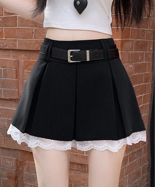 セール】ベルト付き プリーツ フリル ミニスカート（スカート