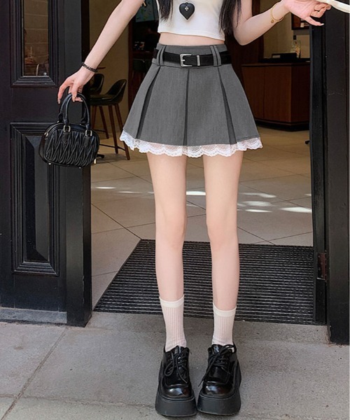 セール】ベルト付き プリーツ フリル ミニスカート（スカート