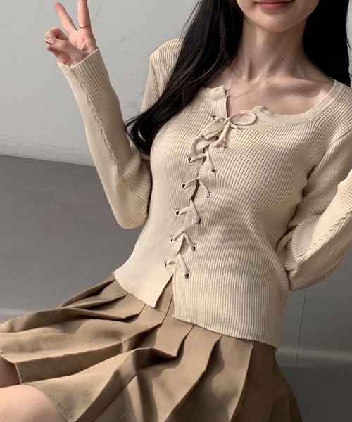 ARCADE（アーケード）の「春服 レースアップ リブニット トップス -ARCADE Limited Line-（ニット/セーター・レディース・ブラック/サンドベージュ/グレー・FREE）」の15枚目の写真