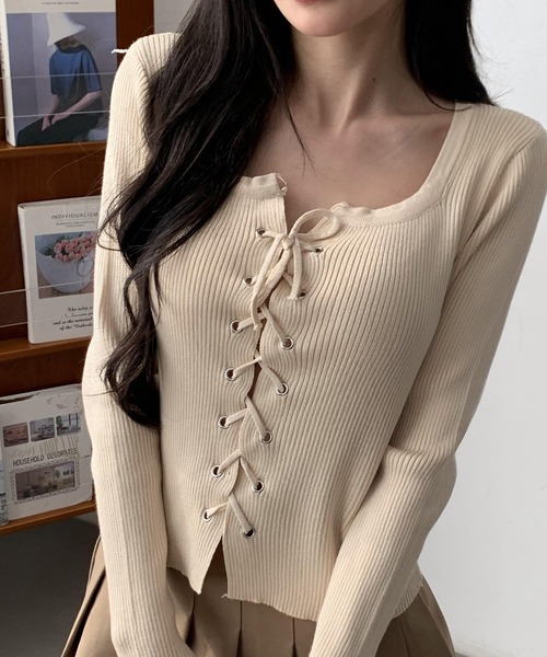 ARCADE（アーケード）の「春服 レースアップ リブニット トップス -ARCADE Limited Line-（ニット/セーター・レディース・ブラック/サンドベージュ/グレー・FREE）」の16枚目の写真