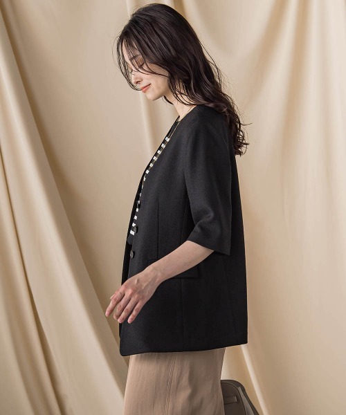LAUTREAMONT(ロートレアモン)の「トリッカースラブハーフスリーブジャケット≪手洗い可能・防シワ・UV≫(ノーカラージャケット・レディース・ベージュ系その他/ブラック・9号)」の14枚目の写真