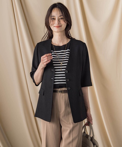 LAUTREAMONT(ロートレアモン)の「トリッカースラブハーフスリーブジャケット≪手洗い可能・防シワ・UV≫(ノーカラージャケット・レディース・ベージュ系その他/ブラック・9号)」の11枚目の写真