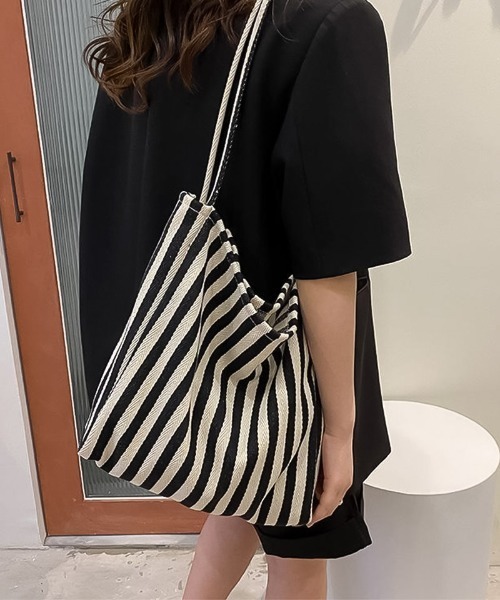 blackdia ocean(ブラックダイヤオーシャン)の「blackdia ocean ストライプ キャンバストートバッグ(ショルダーバッグ・レディース・ブラック/ブルー/レッド・FREE)」の1枚目の写真