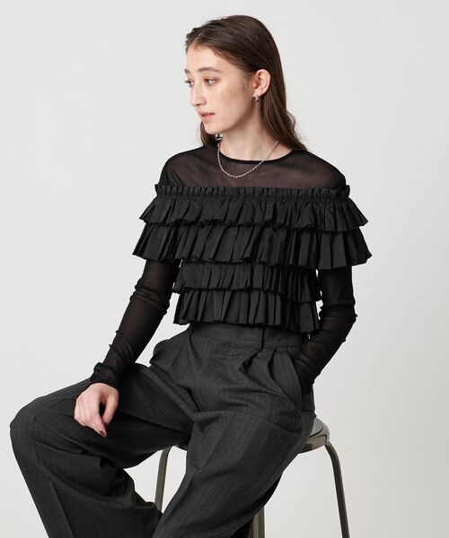 UNITED ARROWS（ユナイテッドアローズ）の「ギャザー マルチ ニット -ウォッシャブル-（ニット/セーター・レディース・オフホワイト/ブラック・FREE）」の3枚目の写真