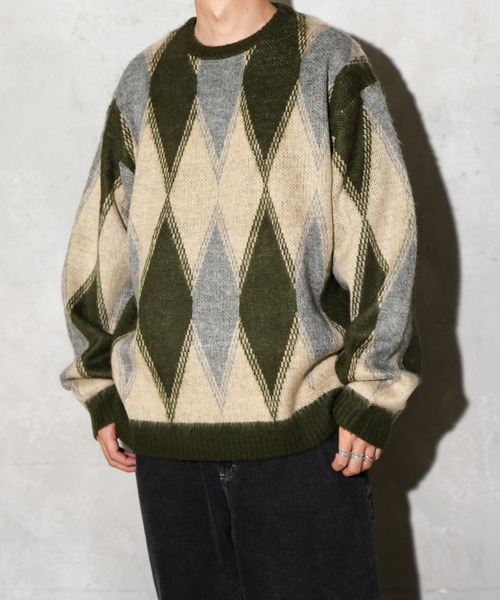 TOWNCRAFT（タウンクラフト）の「TOWNCRAFT / タウンクラフト SHAGGY VINTAGE PATTERN CREW SWEATER レオパード アーガイル デイジー シャギー クルーセーター モヘアタッチ（ニット/セーター・メンズ・その他1/その他2/グレー/グレー系その他/オリーブ/カーキ・X-SMALL/SMALL/MEDIUM/LARGE）」の4枚目の写真
