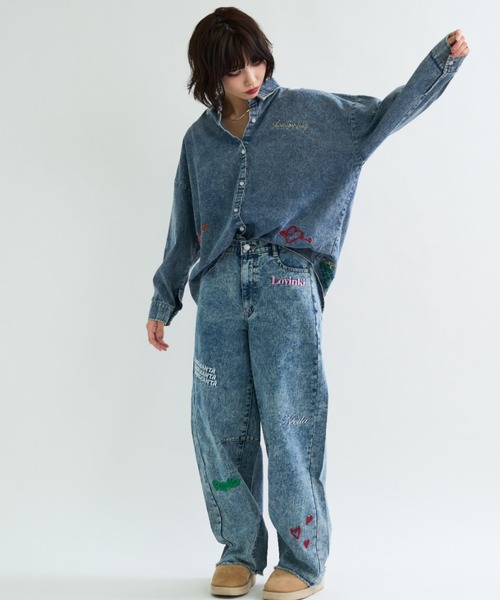 A.D.C.L.（エーディーシーエル）の「ランダム刺繍 オーバーサイズ ビックシルエット デニムシャツ（シャツ/ブラウス・レディース・ブルー/ネイビー・M/L）」の12枚目の写真