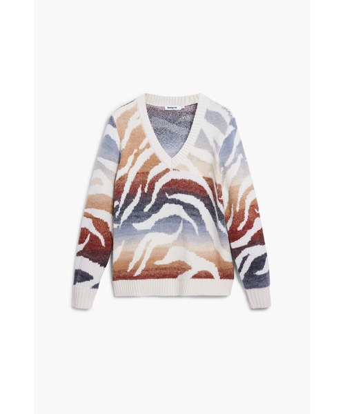Desigual(デシグアル)の「グラデーション ぼかし柄ゼブラVネックセーター(ニット/セーター・レディース・ホワイト・S/M/L/XL/XS)」の1枚目の写真