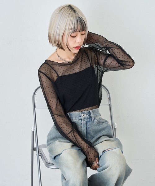 w closet（ダブルクローゼット）の「チュールドットシアープルオーバー（Tシャツ/カットソー・レディース・アイボリー/ブラック・FREE）」の2枚目の写真