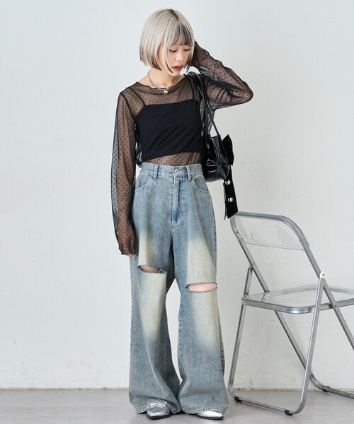 w closet（ダブルクローゼット）の「チュールドットシアープルオーバー（Tシャツ/カットソー・レディース・アイボリー/ブラック・FREE）」の14枚目の写真