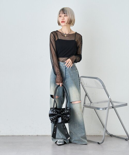 w closet（ダブルクローゼット）の「チュールドットシアープルオーバー シアーシャツ（Tシャツ/カットソー・レディース・アイボリー/ブラック・FREE）」の22枚目の写真