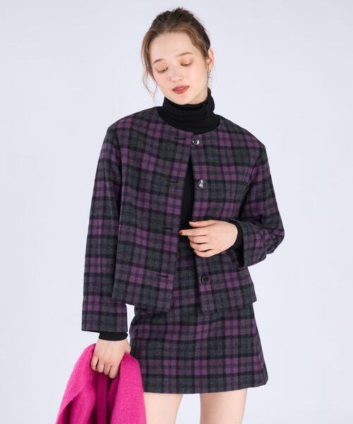 タータンチェックショートジャケット（ノーカラージャケット）｜To b