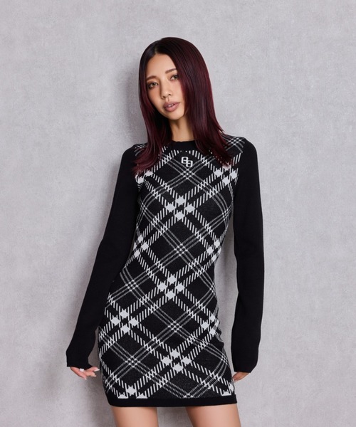 GYDA（ジェイダ）の「GG embroideryラメチェックニットワンピース（ワンピース・レディース・ベージュ/オフホワイト/ブラック・FREE）」の3枚目の写真