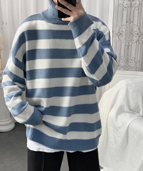 SallyLunn(サリーラン)の「タートルネックボーダーニット(ニット/セーター・メンズ・ネイビー/ブラック/グレー・L/M)」の4枚目の写真
