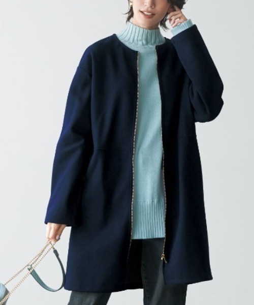 IEDIT(イディット)の「IEDIT きれいめ上品なほどぬくミドル丈コート(ノーカラーコート・レディース・アイボリー/ネイビー・M/L/LL/3L/4L/S)」の2枚目の写真