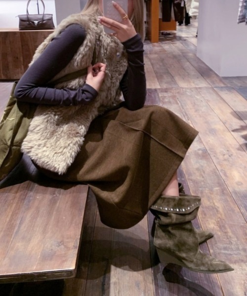 gossip!ロサンゼルス(ゴシップロサンゼルス)の「【サイズあり】ウールライクヴィンテージ カジュアル 2way厚手Aラインミディ丈スカート(秋冬の韓国ファッションガーリー定番)(スカート・レディース・ブラウン/ダークグレー・L/M/S)」の4枚目の写真