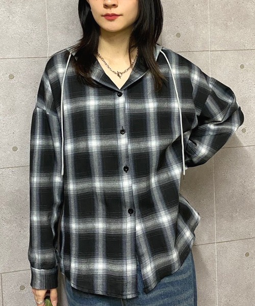 NANEA(ナネア)の「フード付きチェック柄シャツ(シャツ/ブラウス・レディース・ブラック・フリー)」の7枚目の写真