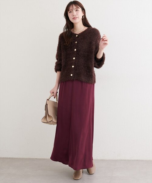 natural couture(ナチュラルクチュール)の「リボンベルト付きサテンスカート(スカート・レディース・ボルドー/オフホワイト/チャコールグレー・FREE)」の9枚目の写真