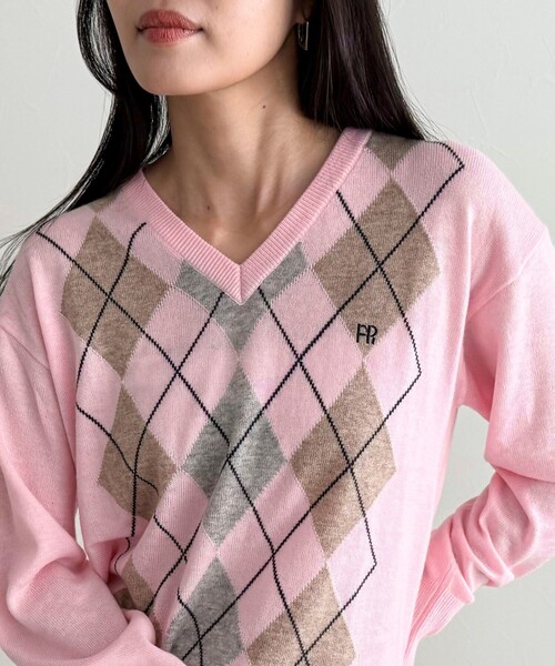 フレディエミュ（fredy emue）/アーガイル柄インターシャVネックニット セール】アーガイル柄インターシャVネックニット（ニット/セーター