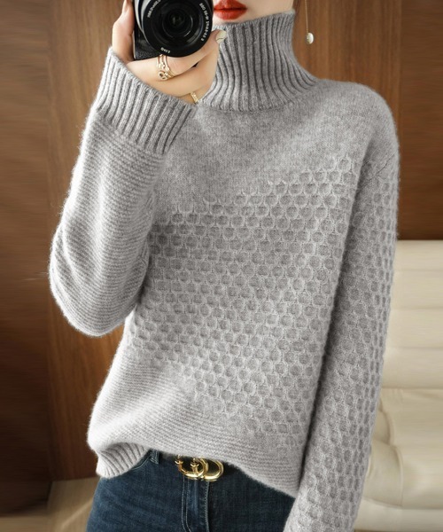 セール】ハニカム編みタートルネックニットトップス（ニット/セーター