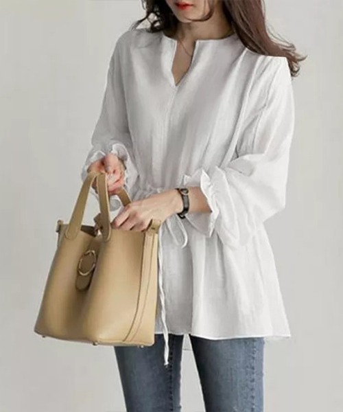Flugge(フラッジー)の「ウエストリボンフリルブラウス(シャツ/ブラウス・レディース・ブラック/ホワイト・MEDIUM/LARGE)」の7枚目の写真