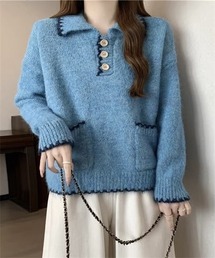 配色ライン襟付きニットプルオーバー