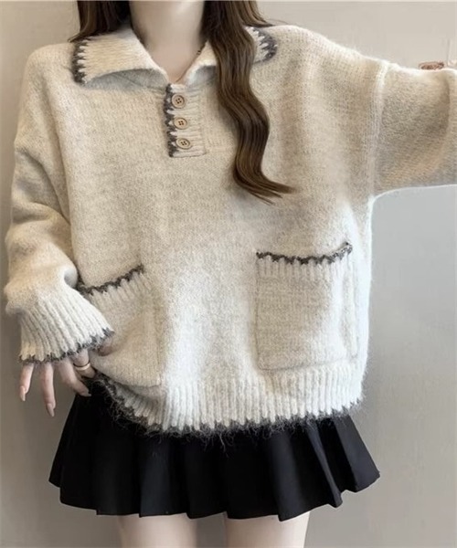 Dream garden(ドリームガーデン)の「配色ライン襟付きニットプルオーバー(ニット/セーター・レディース・ブルー/オートミール・FREE)」の10枚目の写真