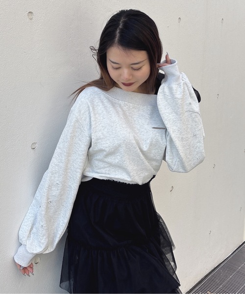 one way（ワンウェイ）の「袖ビジューリボンワンショルトレーナー（Tシャツ/カットソー・レディース・グレー/ブルー/アイボリー/スミクロ・FREE）」の14枚目の写真