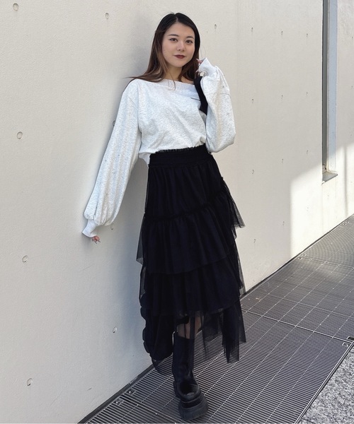 one way（ワンウェイ）の「袖ビジューリボンワンショルトレーナー（Tシャツ/カットソー・レディース・グレー/ブルー/アイボリー/スミクロ・FREE）」の17枚目の写真