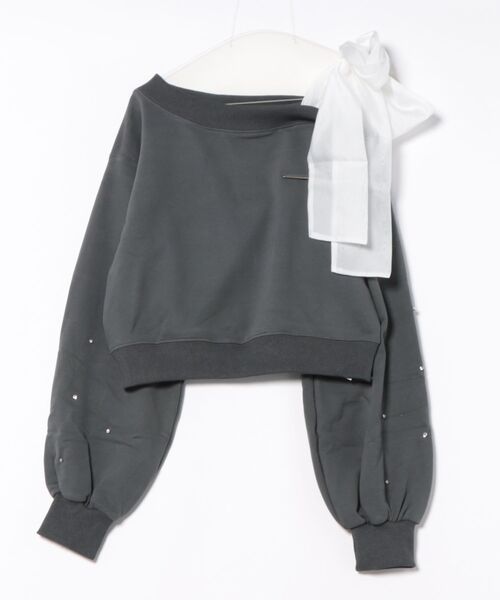 one way（ワンウェイ）の「袖ビジューリボンワンショルトレーナー（Tシャツ/カットソー・レディース・グレー/ブルー/アイボリー/スミクロ・FREE）」の7枚目の写真